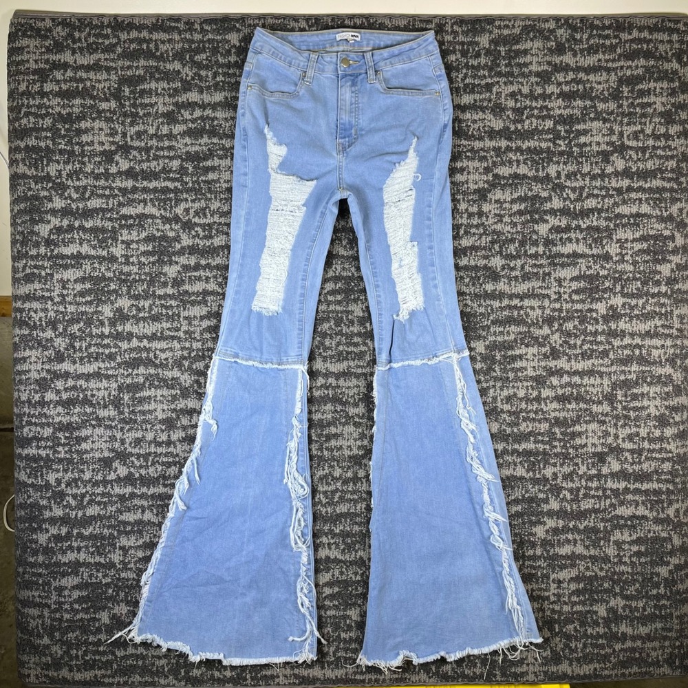 Fashion Nova Flare Jeans Womens 3 Blue Distressed Bell Bottom DEN1148 Light Wash